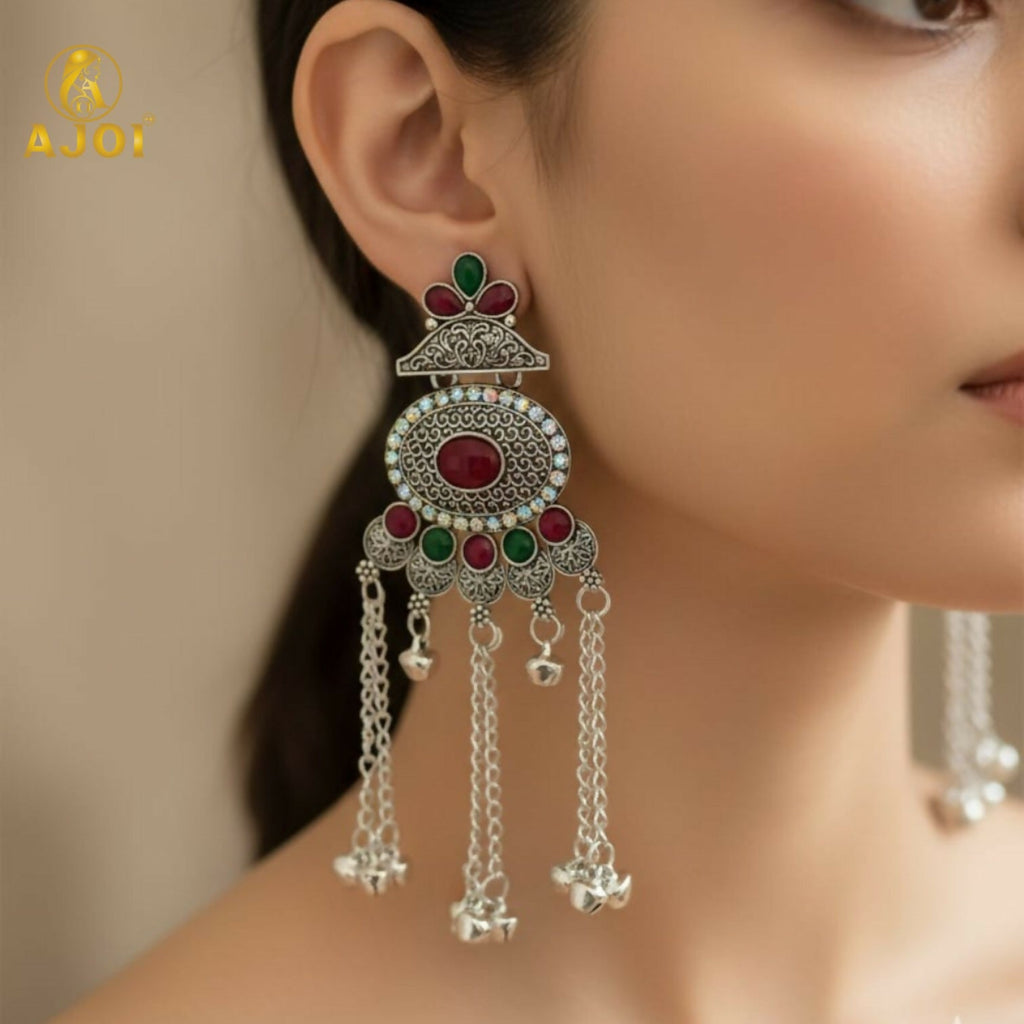 Kashmiri Oxidised Silver Long Earrings – Ethnic Floral Design