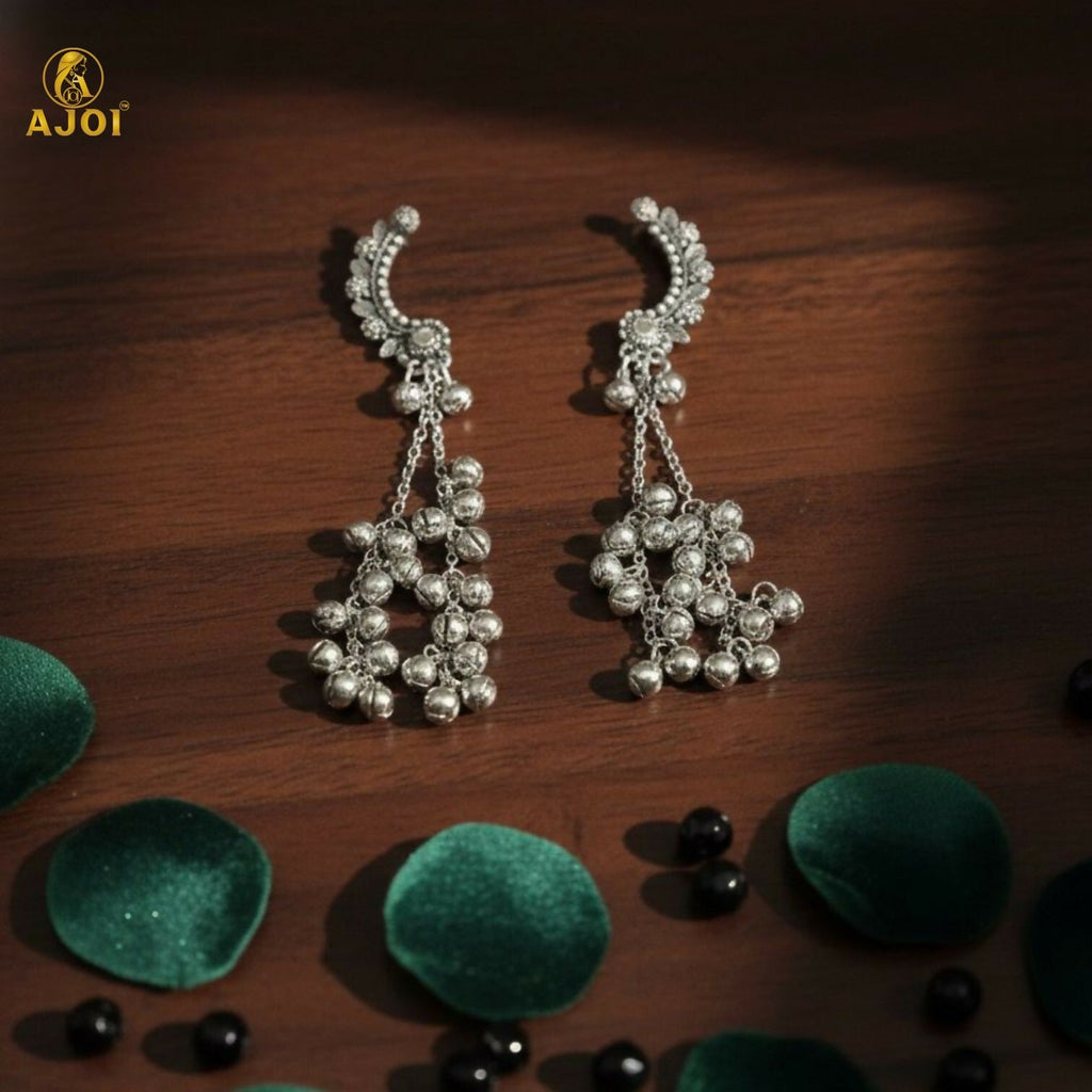 Silver Oxidised Chandbali Jhumka Earrings with Ghungroo Dangles – Elegant Festive Jewellery