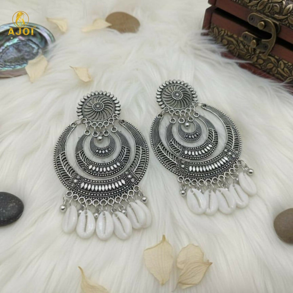 Oxidized Silver Chandbali Earrings with Cowrie Shell Drops