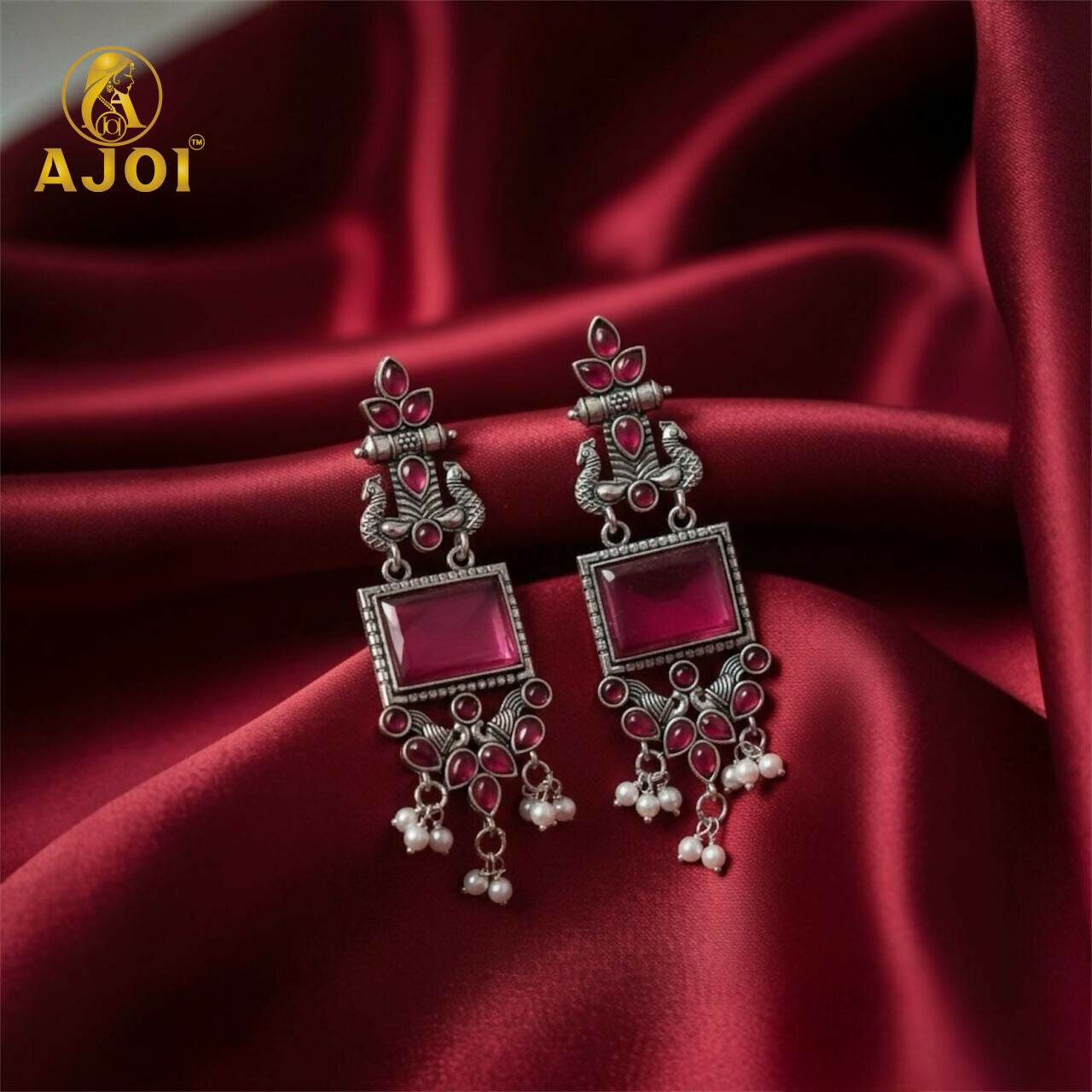 Antique Silver Earrings with Pink Square Beads and Pearl Danglers