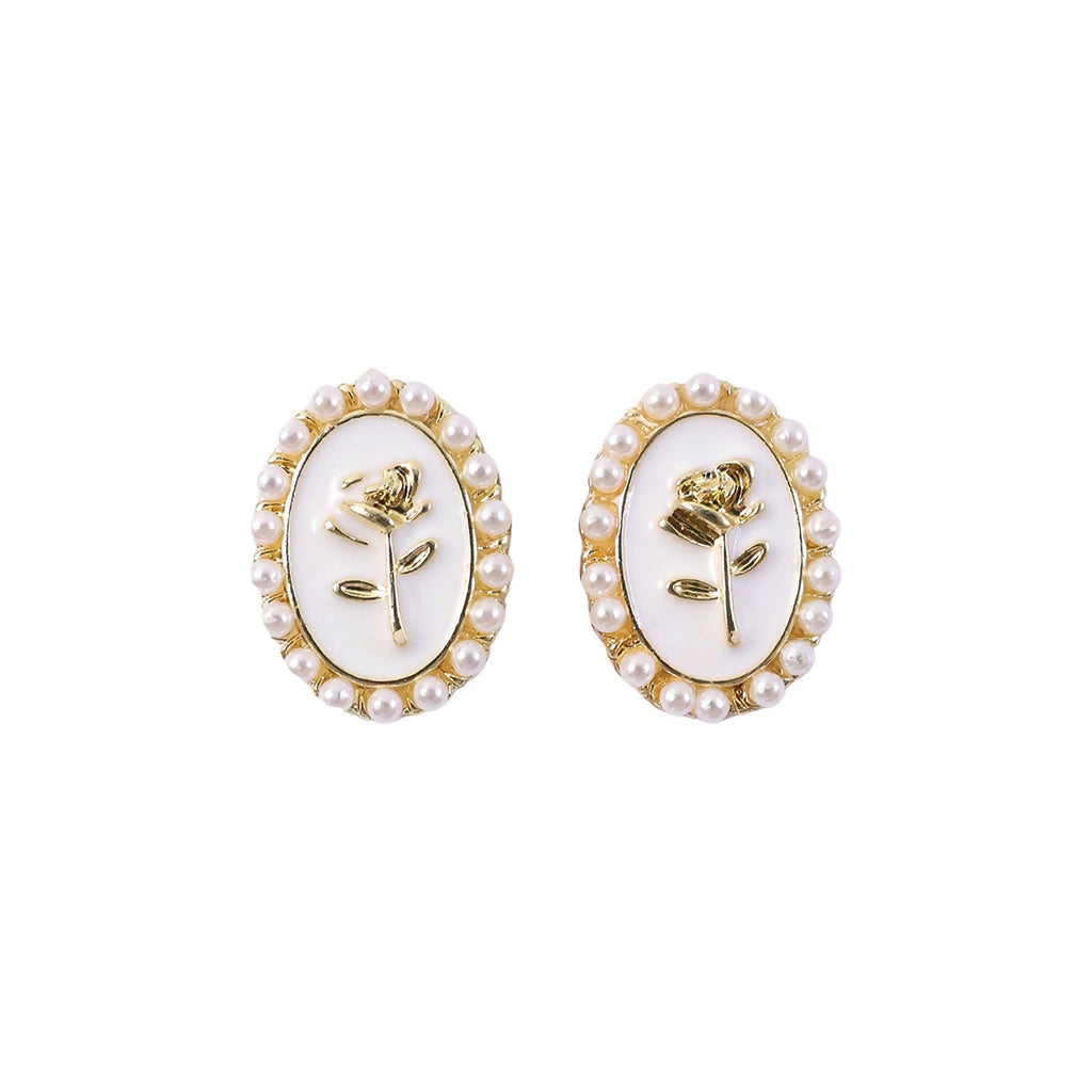 Pearl Stud Earrings – Elegant Gold Plated Rose Design for Women