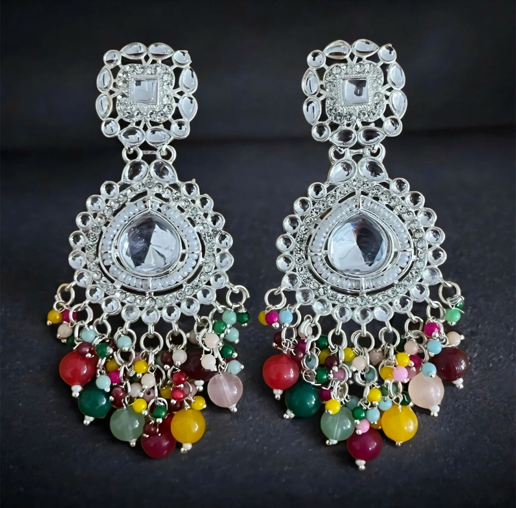 Oxidized Silver Chandbali Earrings – Multicolor Bead Drops