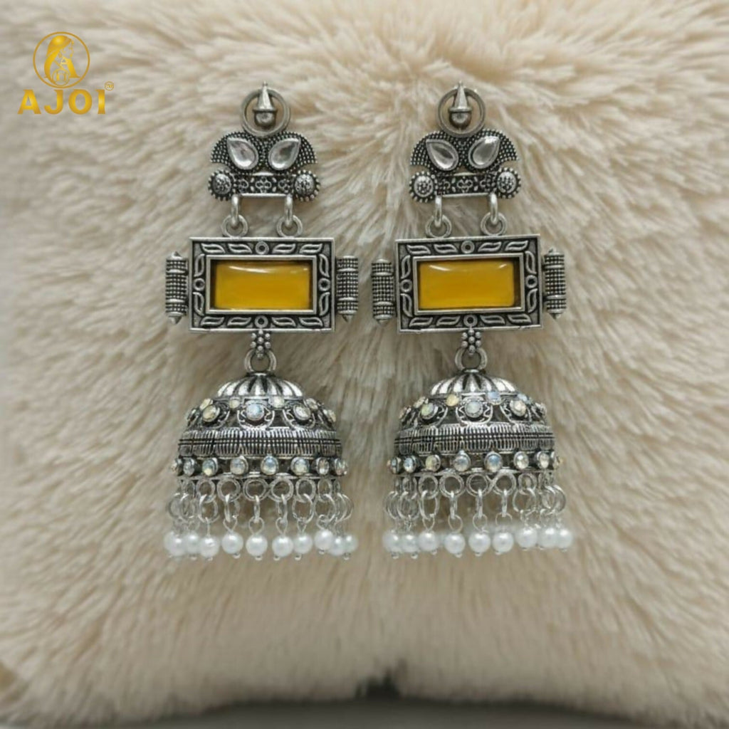 Oxidized Silver Jhumka Earrings – Traditional Yellow Stone & Pearls