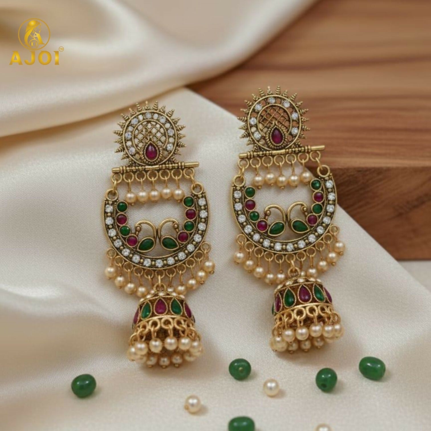 Peacock Motif Antique Gold Finish Chandbali Earrings – Royal Elegance