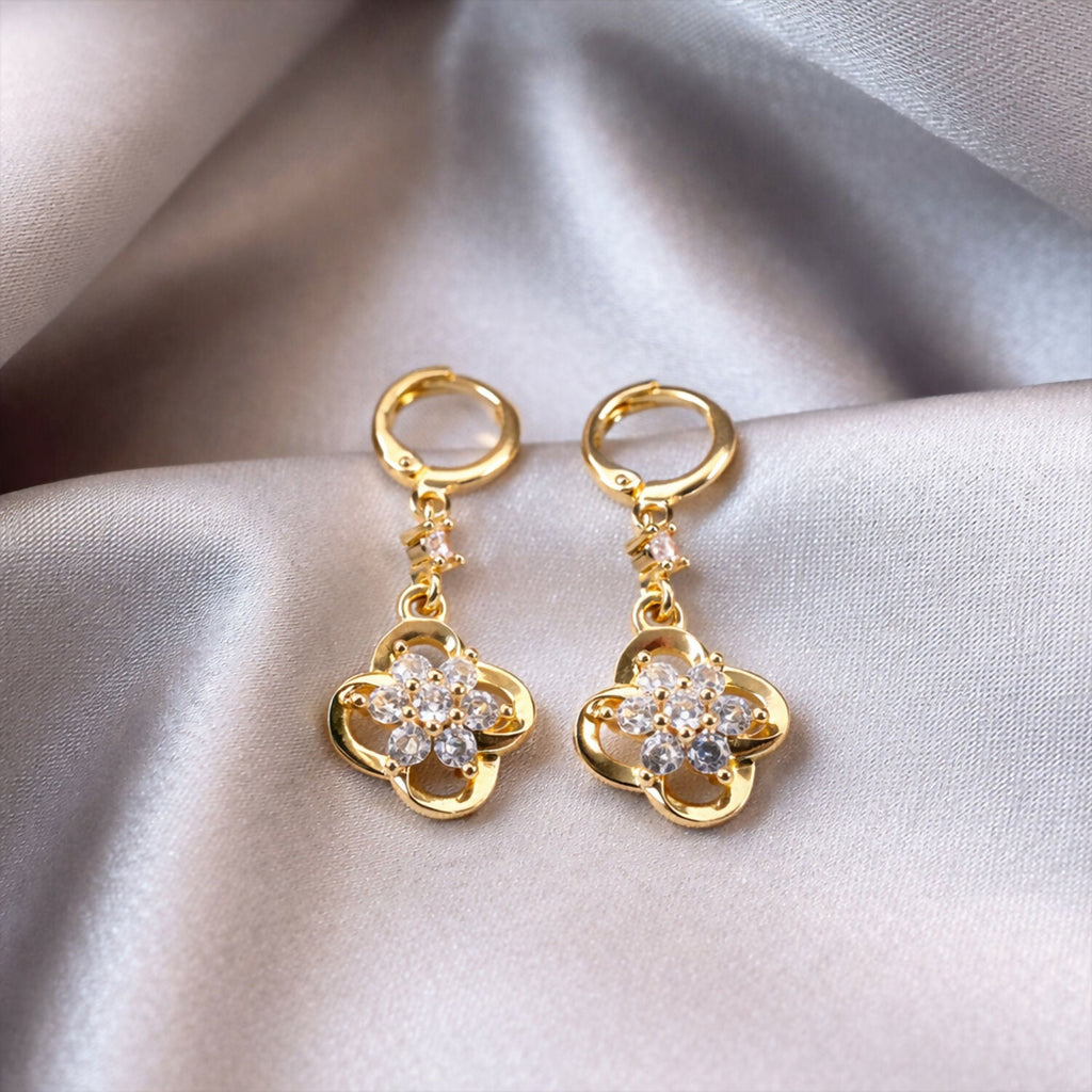 Gold-Tone Crystal Floral Hoop Earrings – Elegant Drop Design