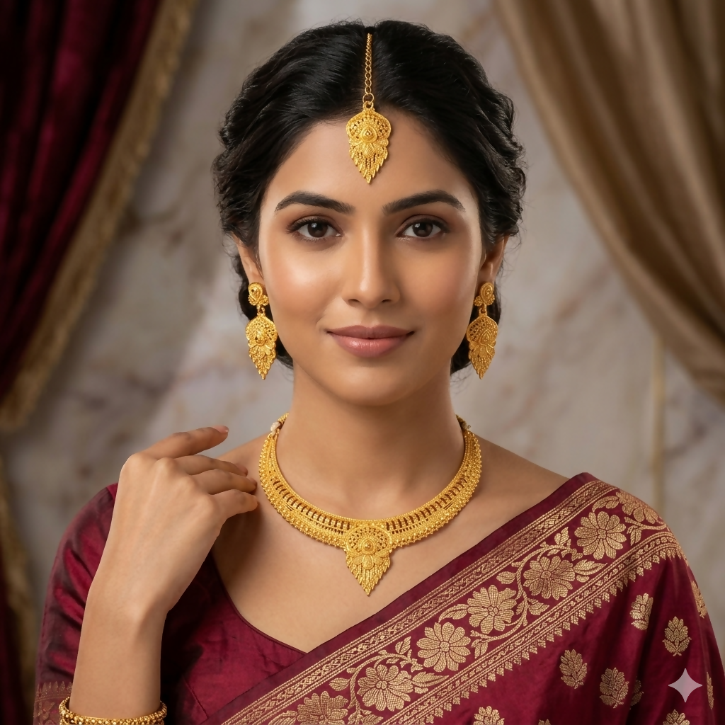 Traditional Gold Plated Haram Necklace Set with Earrings and Maang Tikka for Women