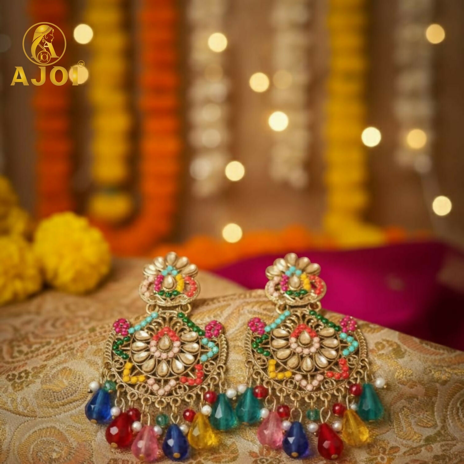 Kundan Chandbali Earrings – Royal Multicolor Antique Gold Finish