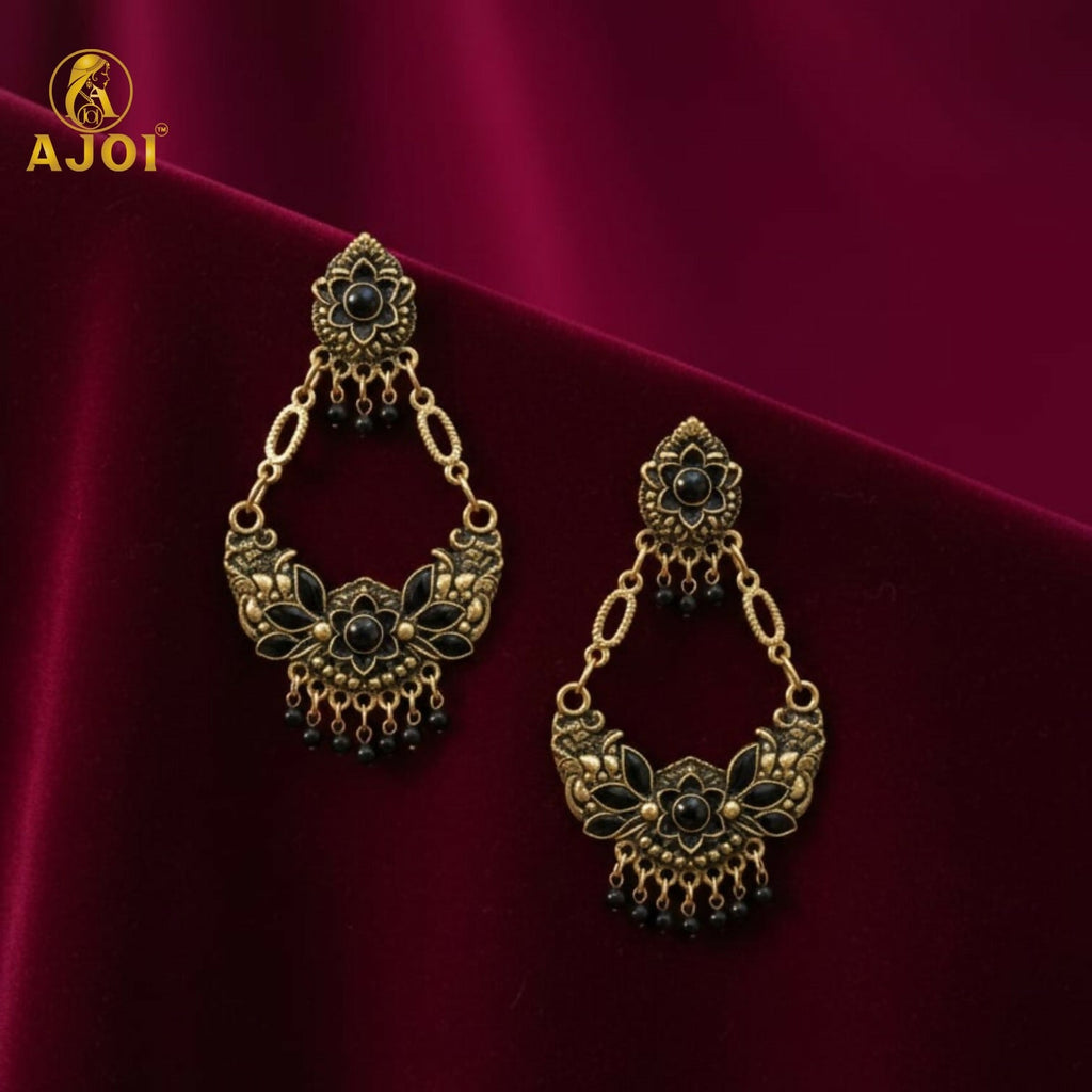 Chandbali Earrings – Antique Gold-Plated Floral with Black Stones