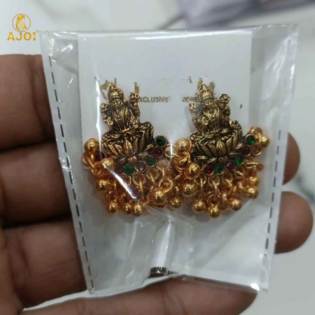 Lakshmi Idol Mini Jhumka Earrings – Antique Gold with Multicolor Stones