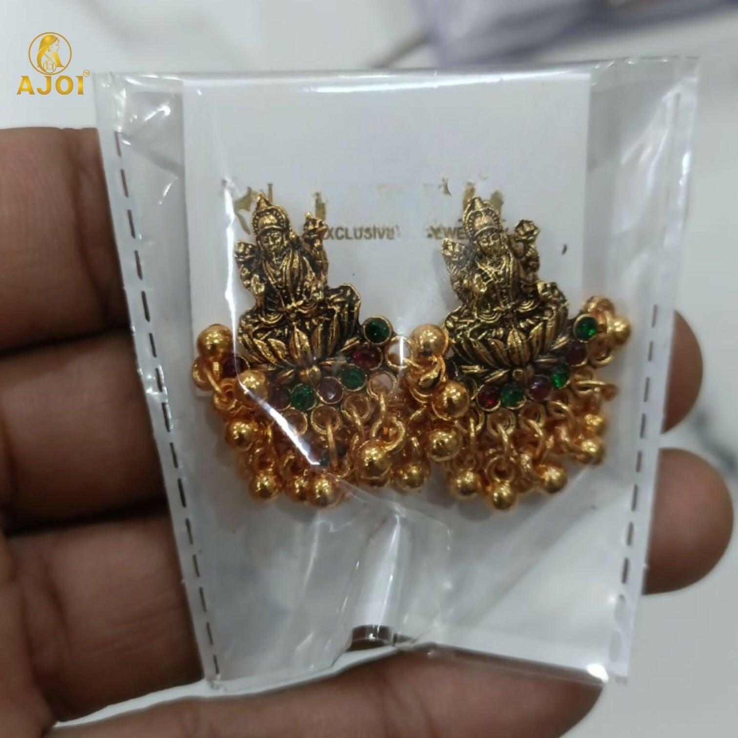 Lakshmi Idol Mini Jhumka Earrings – Antique Gold with Multicolor Stones
