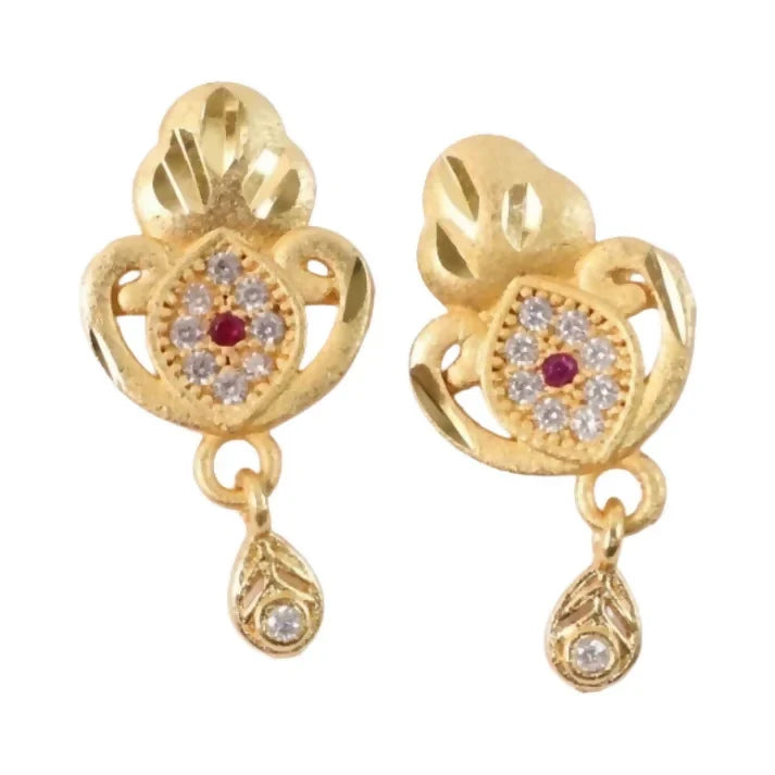 Gold Stud Earrings with Ethnic Floral Motif and Elegant Drop