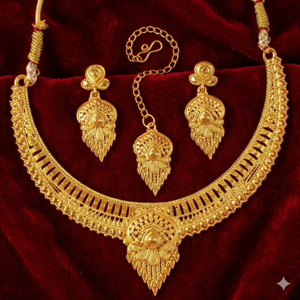 Traditional Gold Plated Haram Necklace Set with Earrings and Maang Tikka for Women
