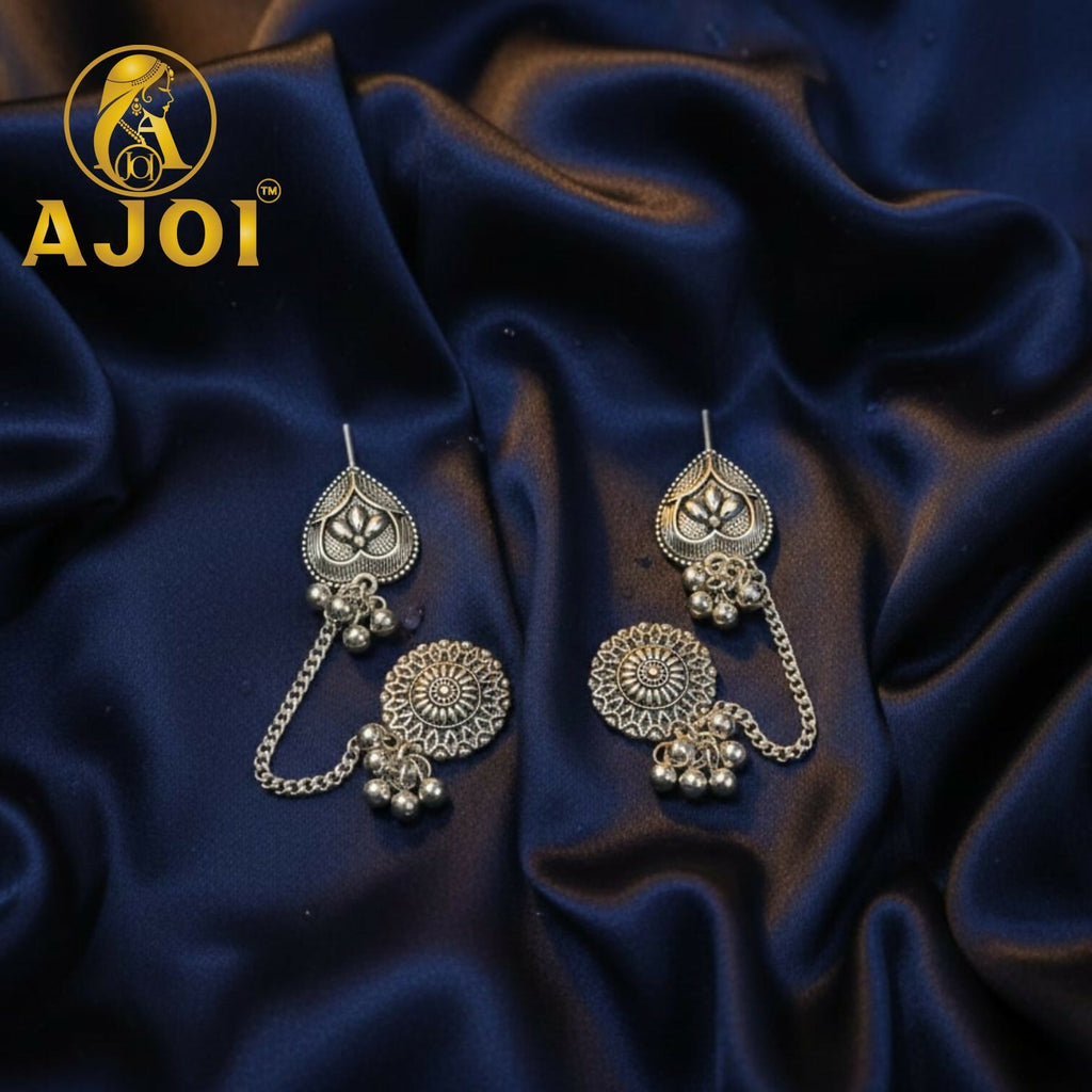 Antique Silver Chain Earrings – Elegant Floral Motifs for Women