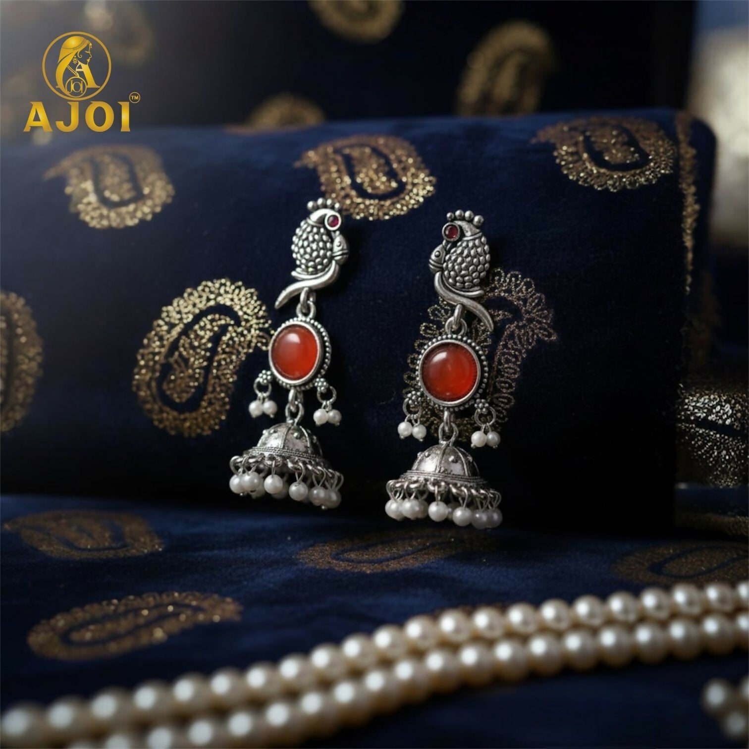 Peacock Jhumka Earrings – Antique Silver with Red Stone & Pearls
