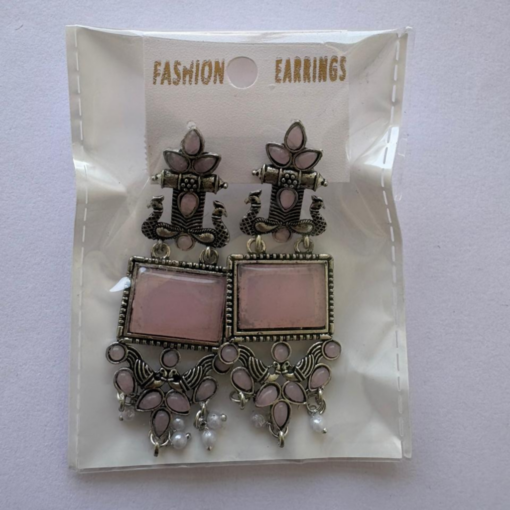 Oxidized Silver Drop Earrings – Pink Stone & Pearl Traditional Charm