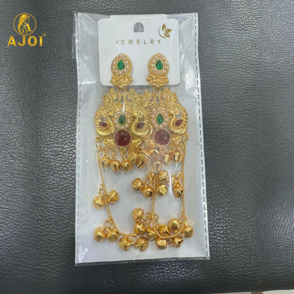 Kashmiri Traditional Gold-Plated Ghungroo Earrings with Green Ruby Stones