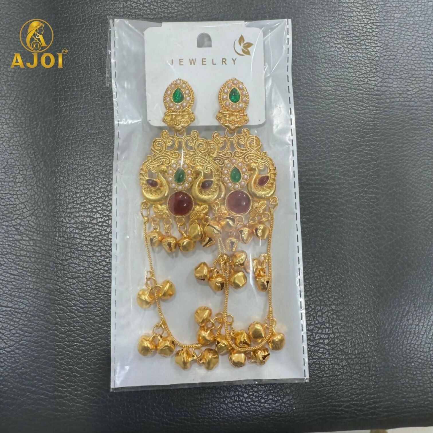 Kashmiri Traditional Gold-Plated Ghungroo Earrings with Green Ruby Stones