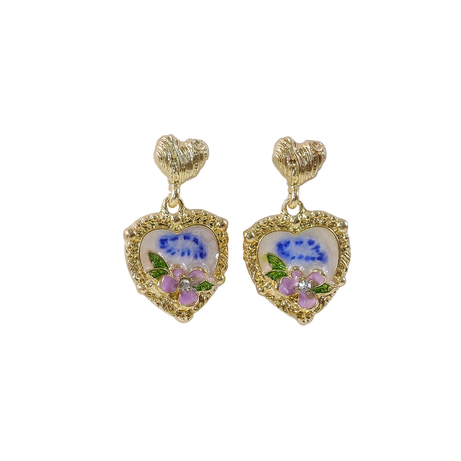 Korean Heart Floral Drop Earrings – Gold Plated Pearl & Crystal