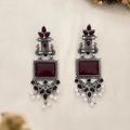 Oxidized Silver Earrings – Traditional Maroon Stone Pearl Drops