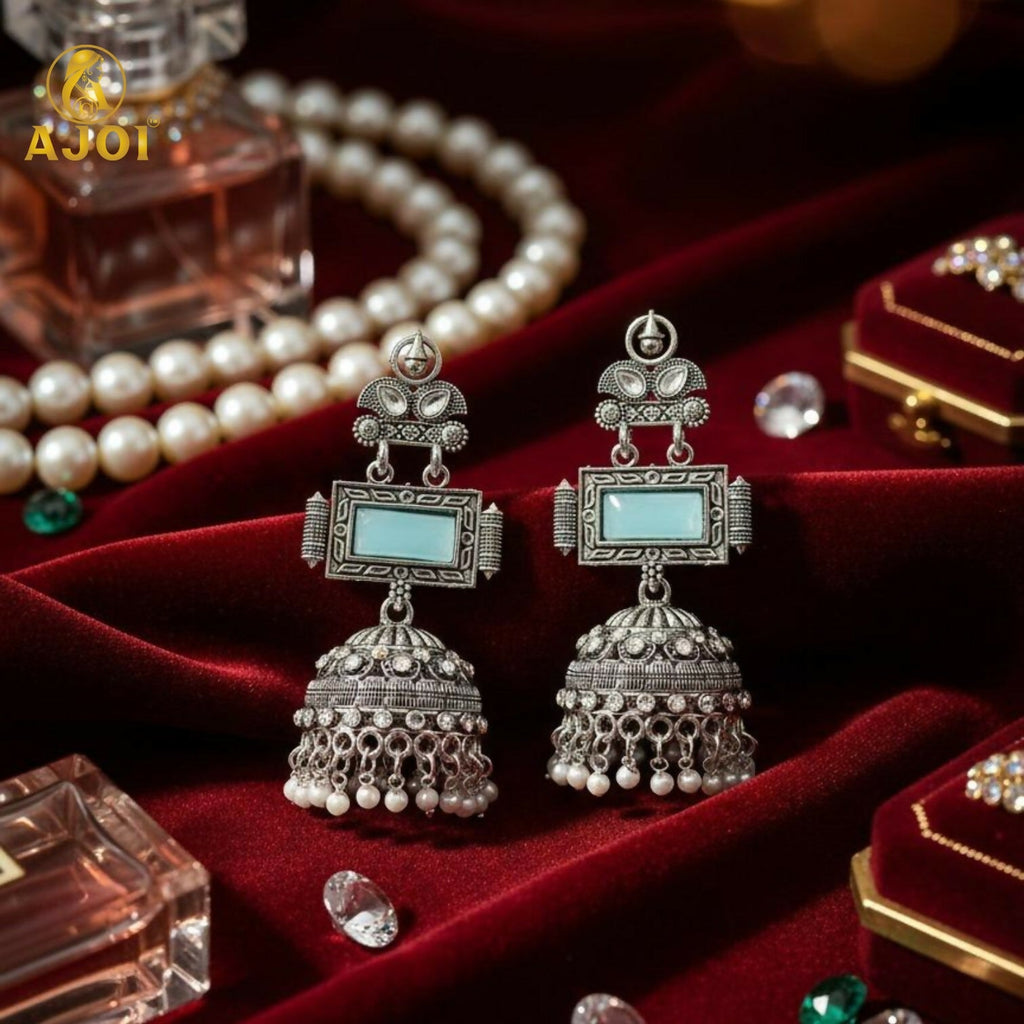 Oxidized Silver Jhumka Earrings – Hand-Carved Aqua Stone & Pearl Drops