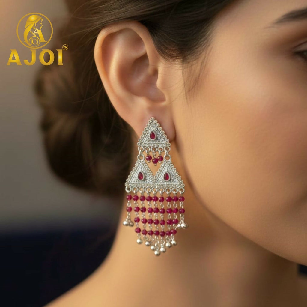 Ruby Red Designer Earrings – Layered Drop with Stone Detailing