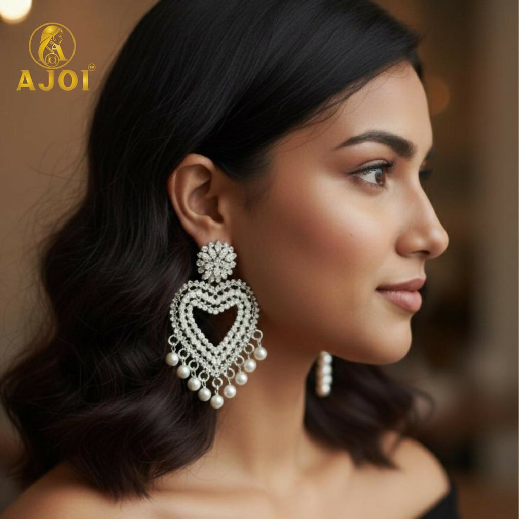 Heart-Shaped Pearl Drop Earrings – Elegant Silver Jewellery