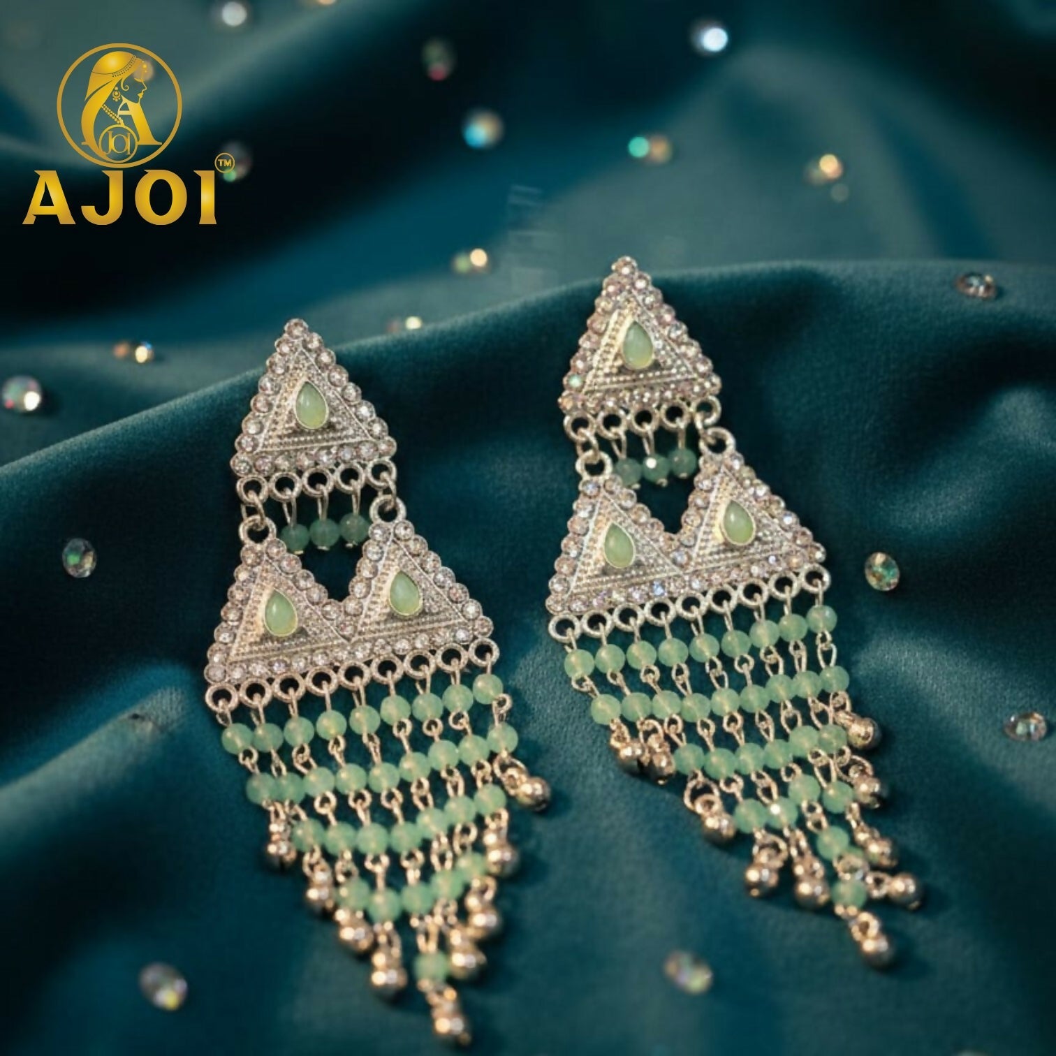 Mint Green Layered Designer Earrings – Elegant Drop & Stone Accents