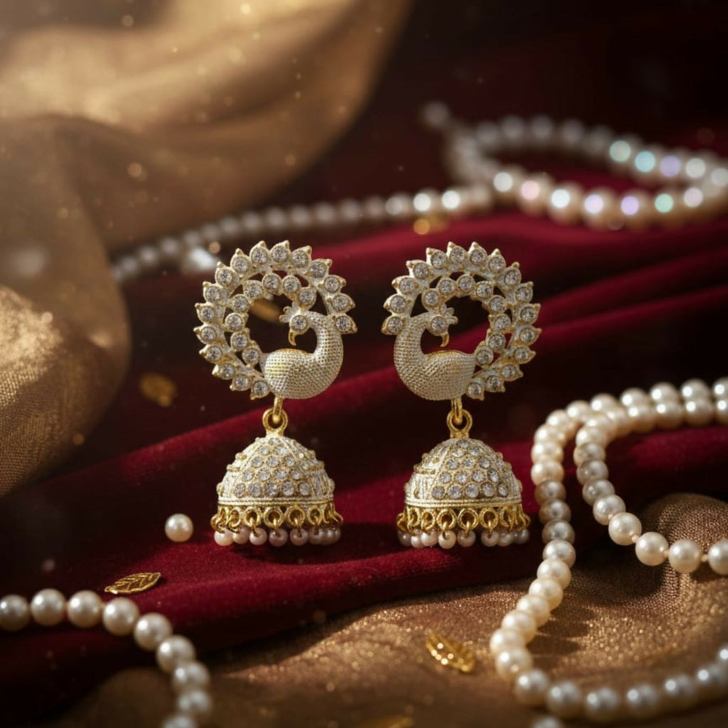 White Stone Pearl Jhumka Earrings – Elegant Festive Jewellery