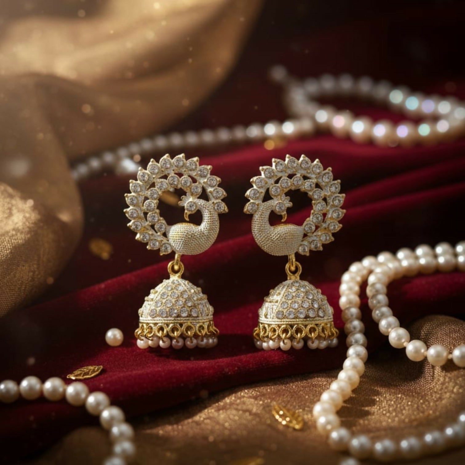 White Stone Pearl Jhumka Earrings – Elegant Festive Jewellery