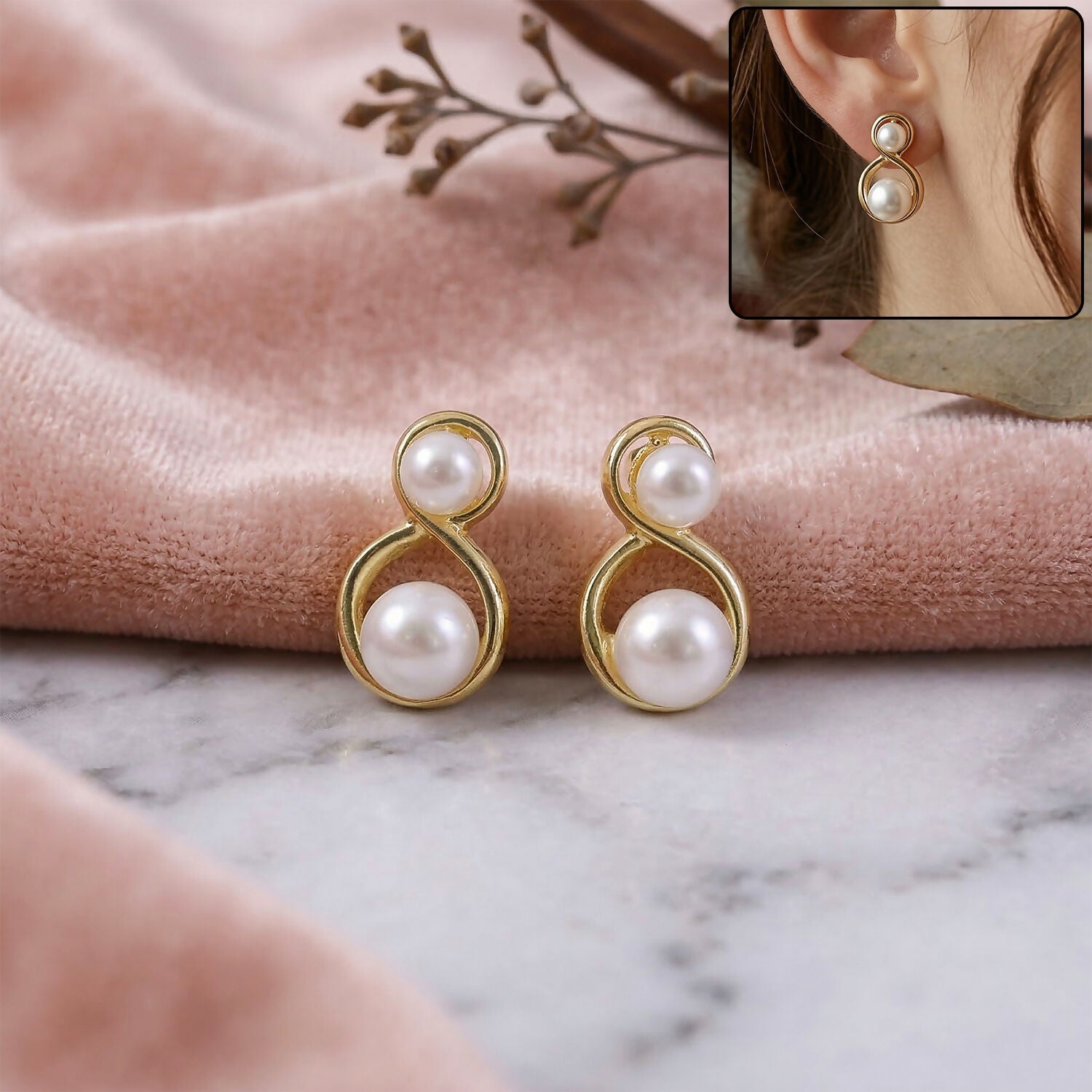 Korean Pearl Stud Earrings – Elegant Infinity Design