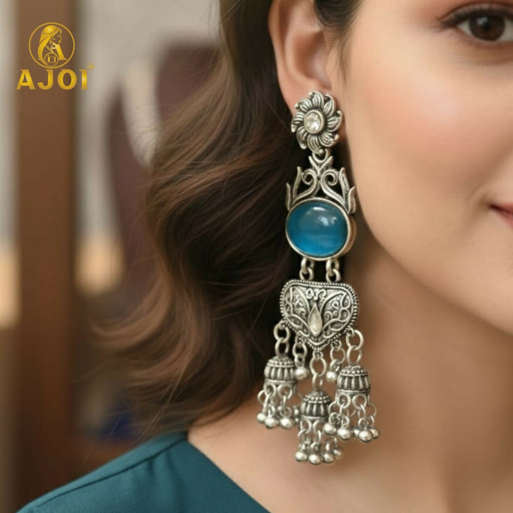 Oxidized Silver Turquoise Jhumka Earrings – Intricate Filigree Design