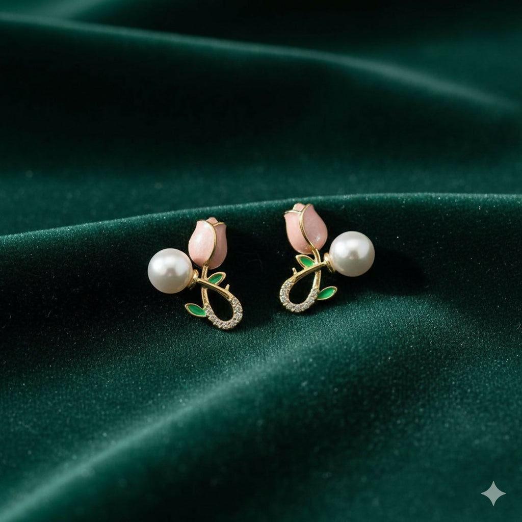 Pink Tulip Pearl Earrings – Elegant Korean Style Accessories