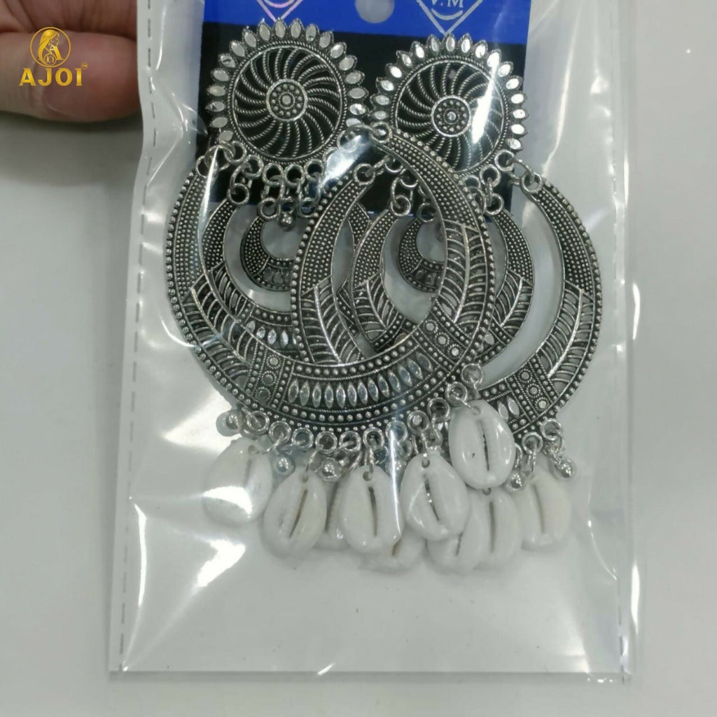 Oxidized Silver Chandbali Earrings with Cowrie Shell Drops