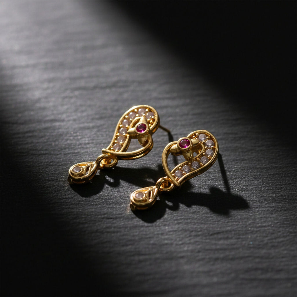 Gold Paisley Drop Earrings with Ruby Accent – Elegant Festive Jewellery