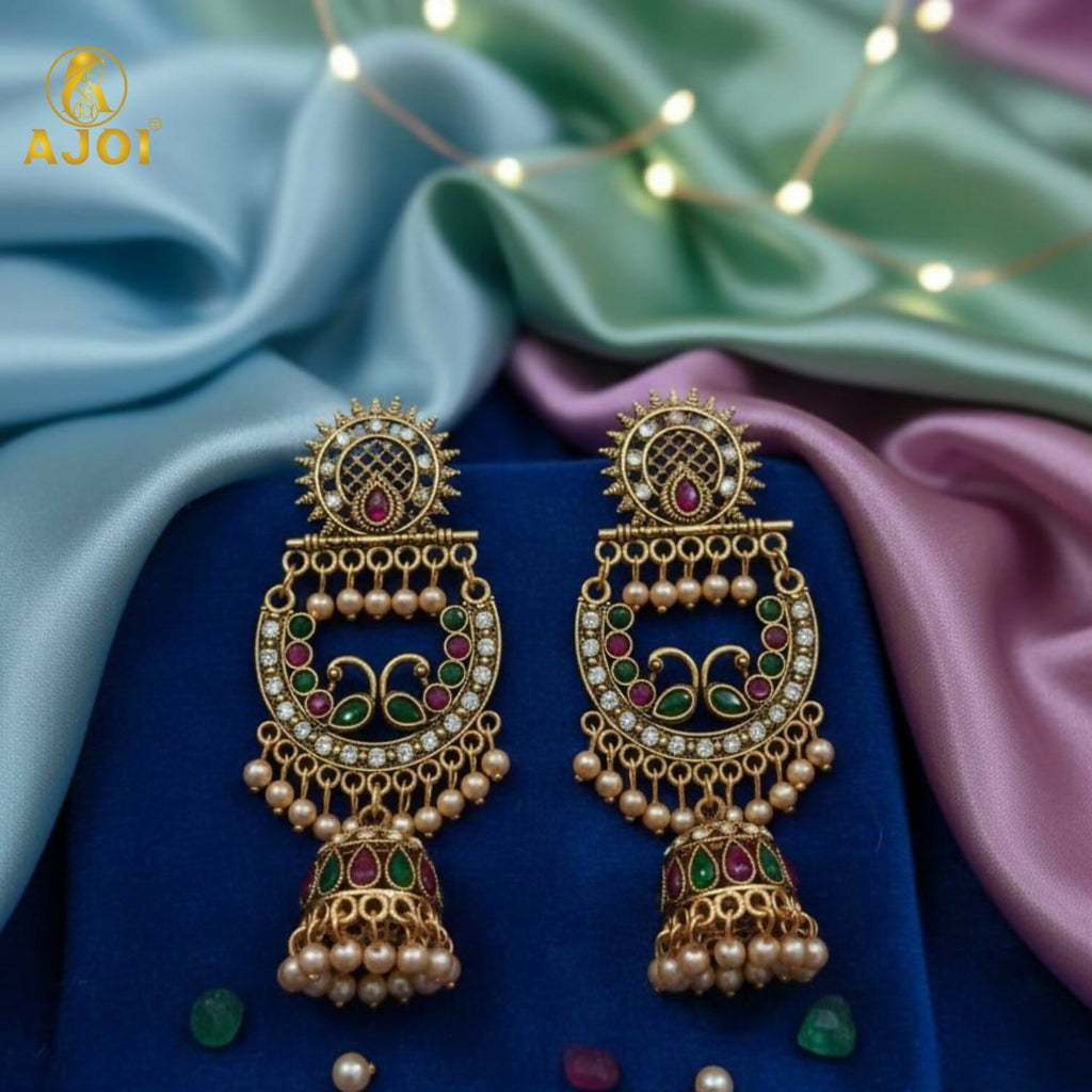 Peacock Motif Antique Gold Finish Chandbali Earrings – Royal Elegance