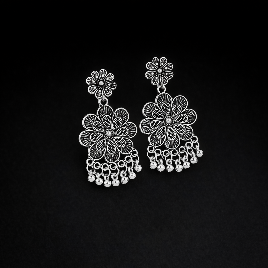Oxidised Silver Jhumka Earrings – Layered Floral Design