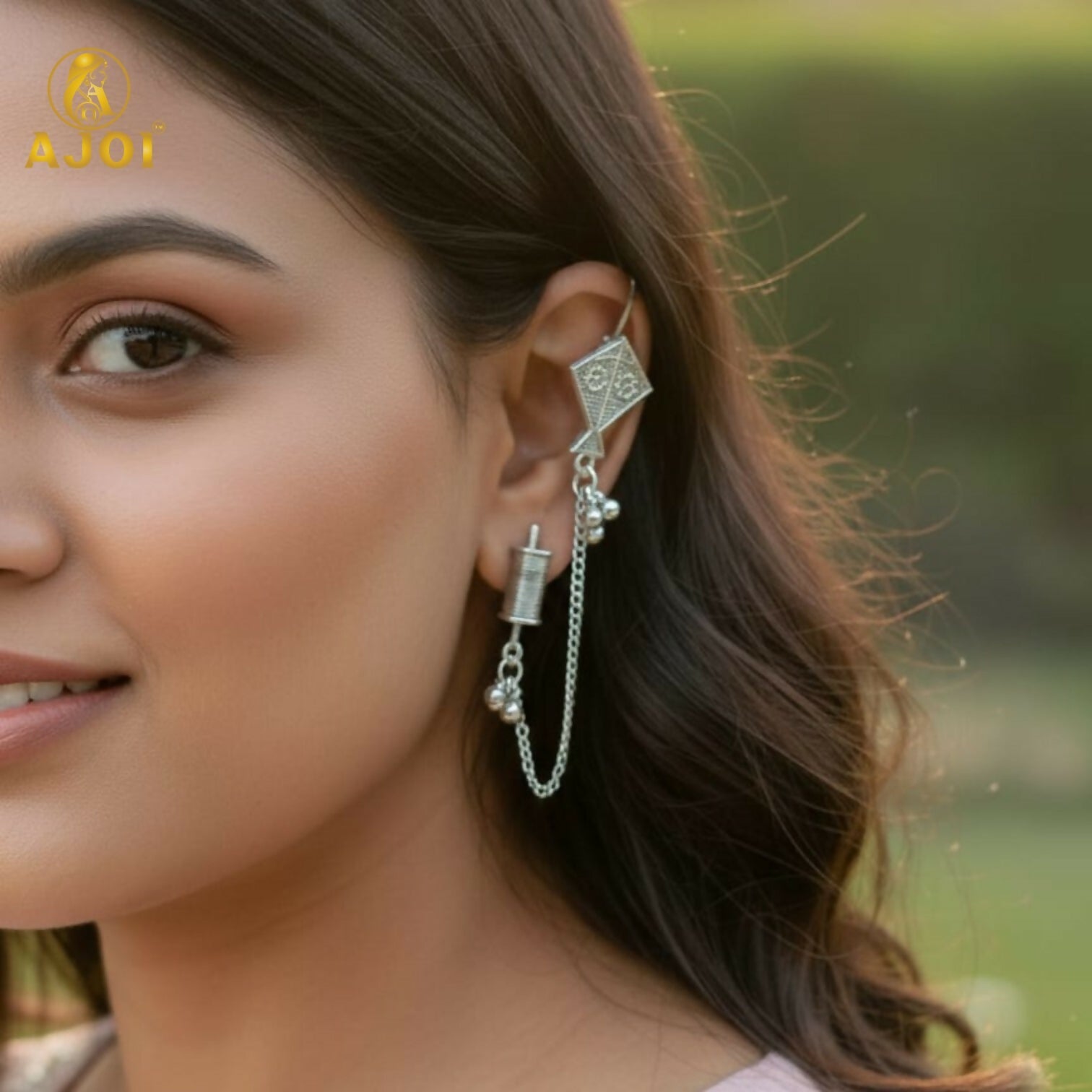 Oxidised Silver Earrings – Kite Design with Chain & Ghungroo