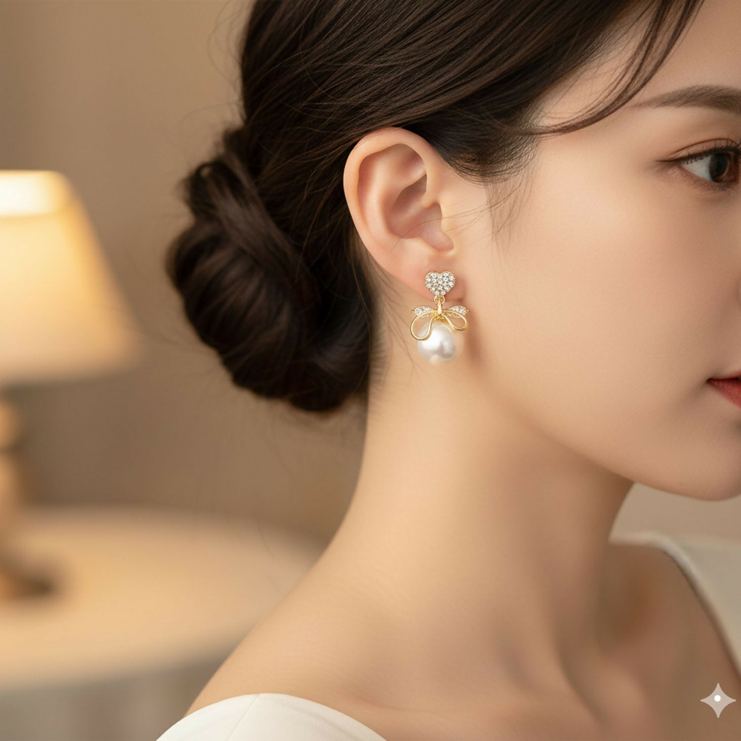 Heart Crystal Pearl Bow Earrings – 14K Gold Plated Elegance