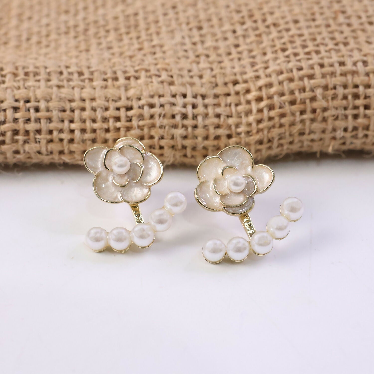 White Camellia Rose Pearl Ear Jackets – Elegant Korean Earrings