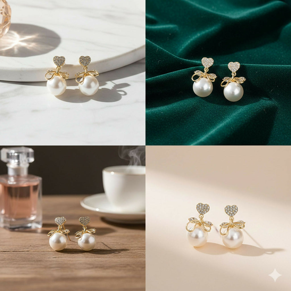 Heart Crystal Pearl Bow Earrings – 14K Gold Plated Elegance