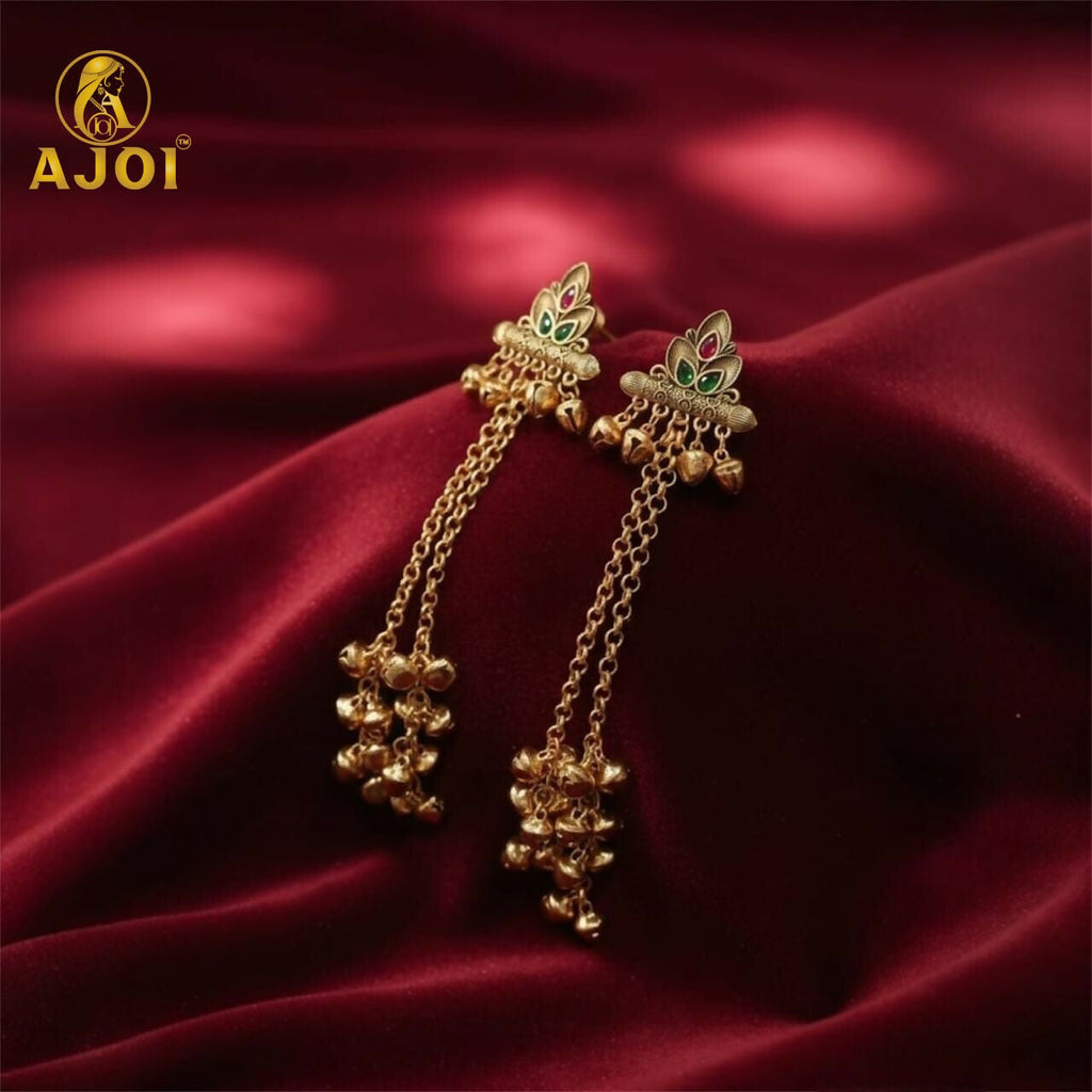 Kashmiri Long Chain Ghungroo Earrings – Elegant Festive Jewellery