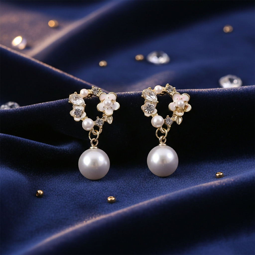 Rose Pearl Stud Earrings – Elegant Gold Floral Jewellery
