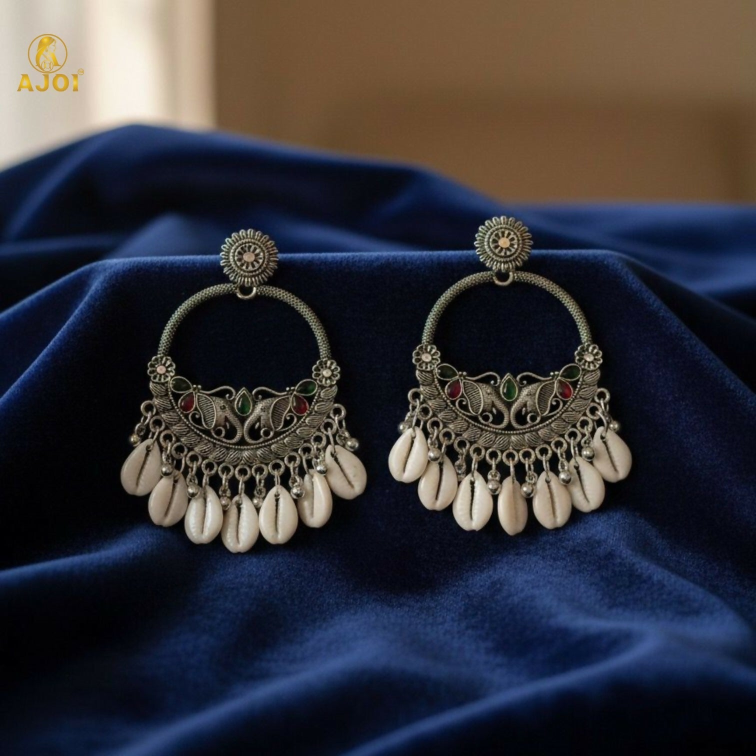 Oxidized Silver Shell Chandbali Earrings – Handcrafted Royal Motifs