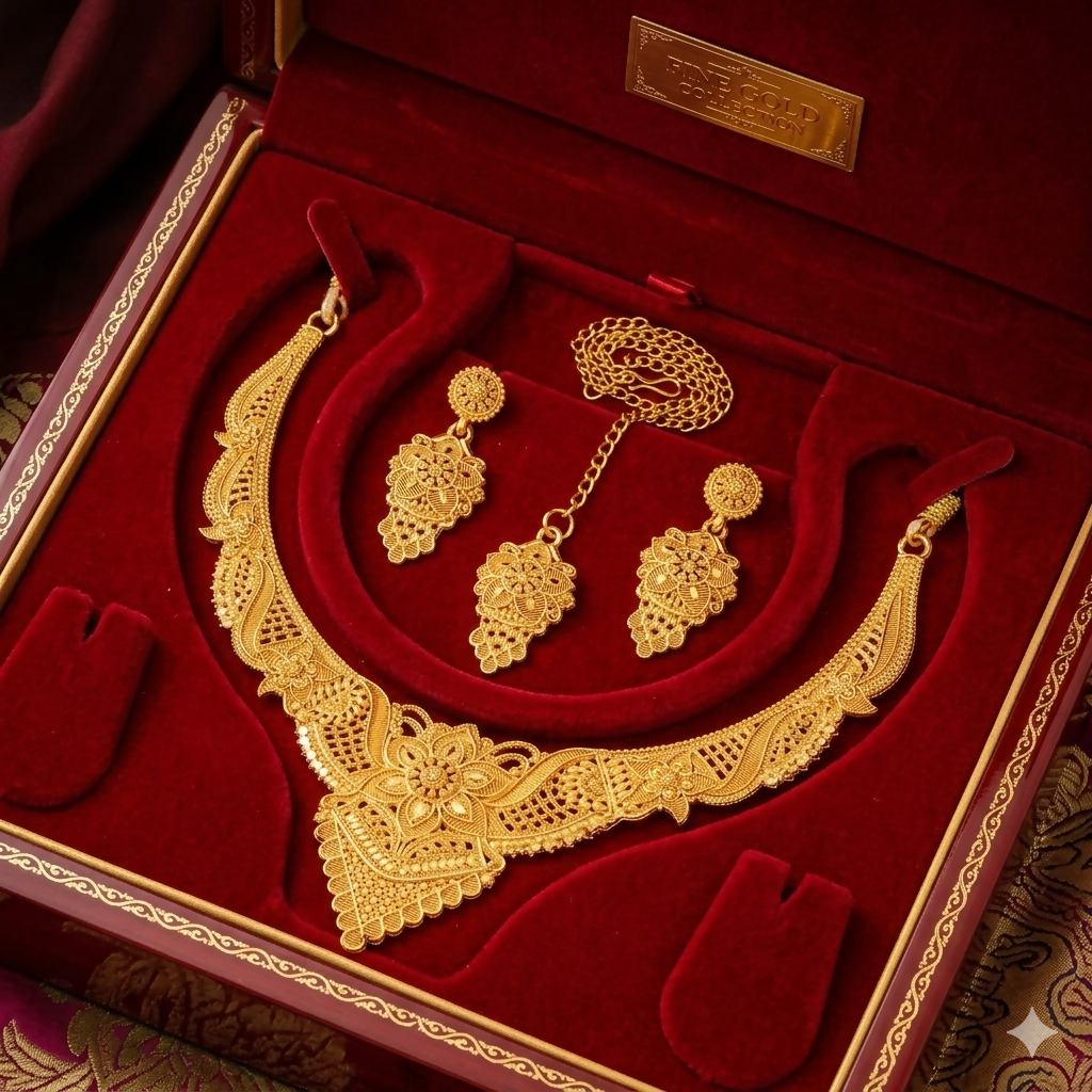 Gold-Tone Floral Necklace with Matching Earrings for Wedding & Festive Wear