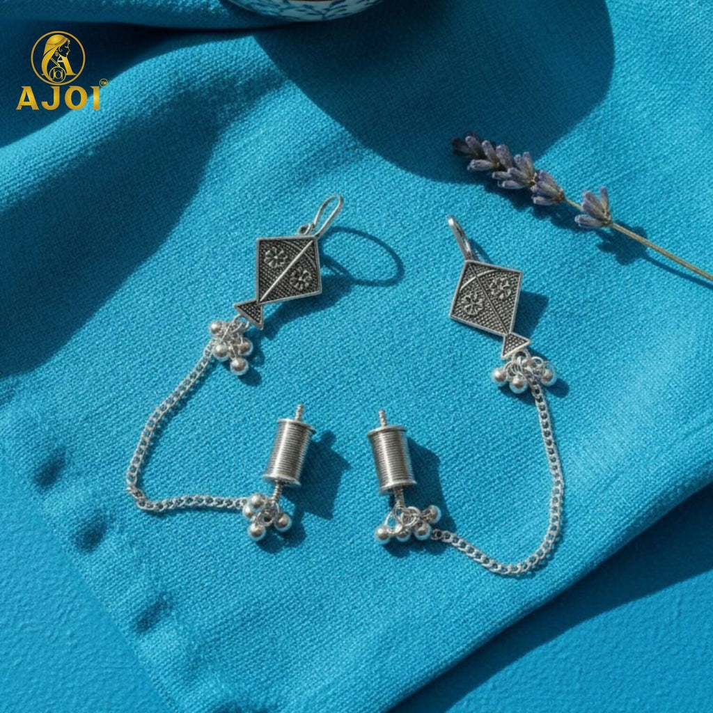 Oxidised Silver Earrings – Kite Design with Chain & Ghungroo