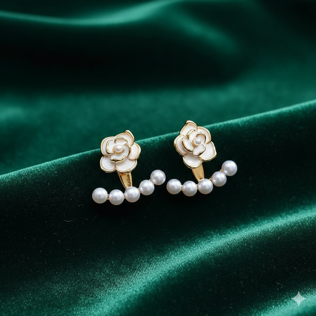 White Camellia Rose Pearl Ear Jackets – Elegant Korean Earrings