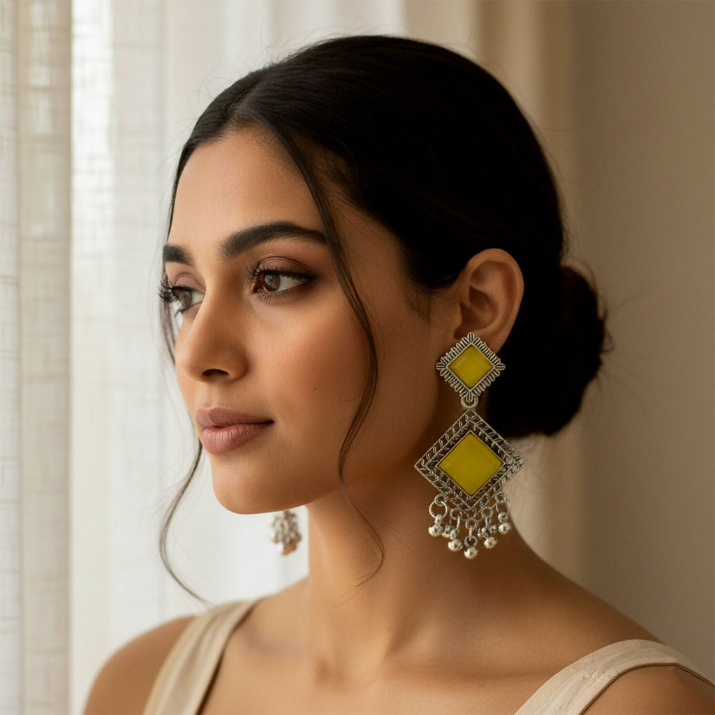 Oxidised Dangler Earrings – Traditional Indian Yellow Monalisa Stones