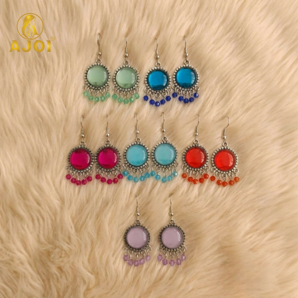 Oxidized Silver Stone Drop Earrings – Multicolor Beaded Fringe