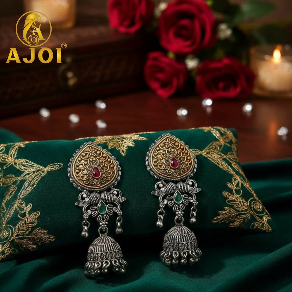 Dual Tone Stone Jhumka Earrings – Elegant Traditional Design