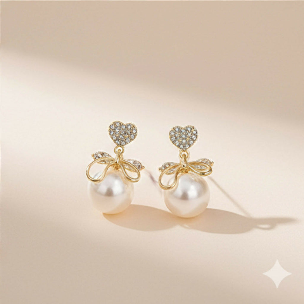 Heart Crystal Pearl Bow Earrings – 14K Gold Plated Elegance